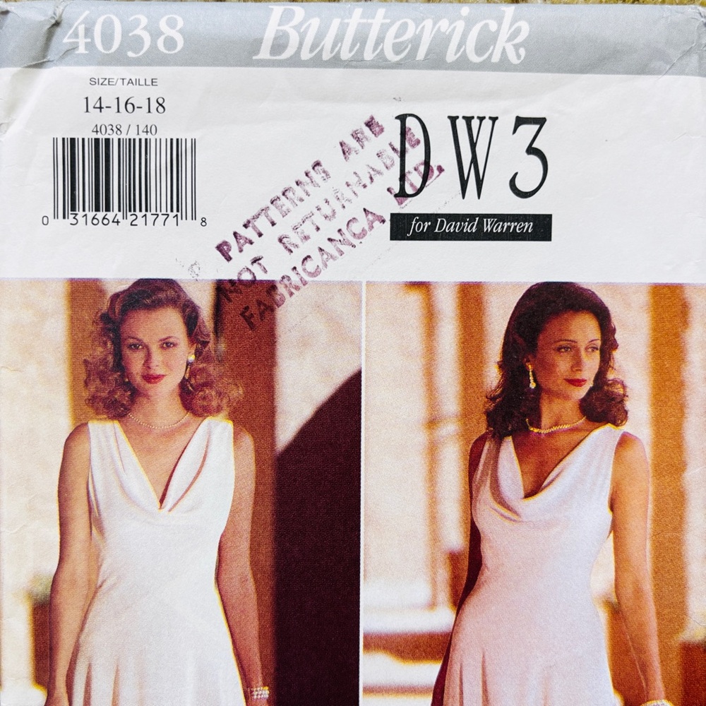 BUTTERICK 4038 DW3 David Warren BIAS cut Dress Pattern